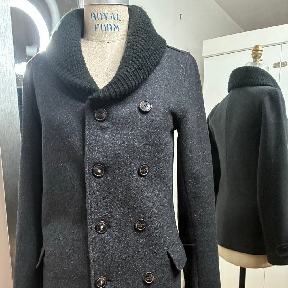ALL SAINTS TOPMAN Grey Wool/Polyester Blend Coat w/Sweater Collar, Size XXSmall